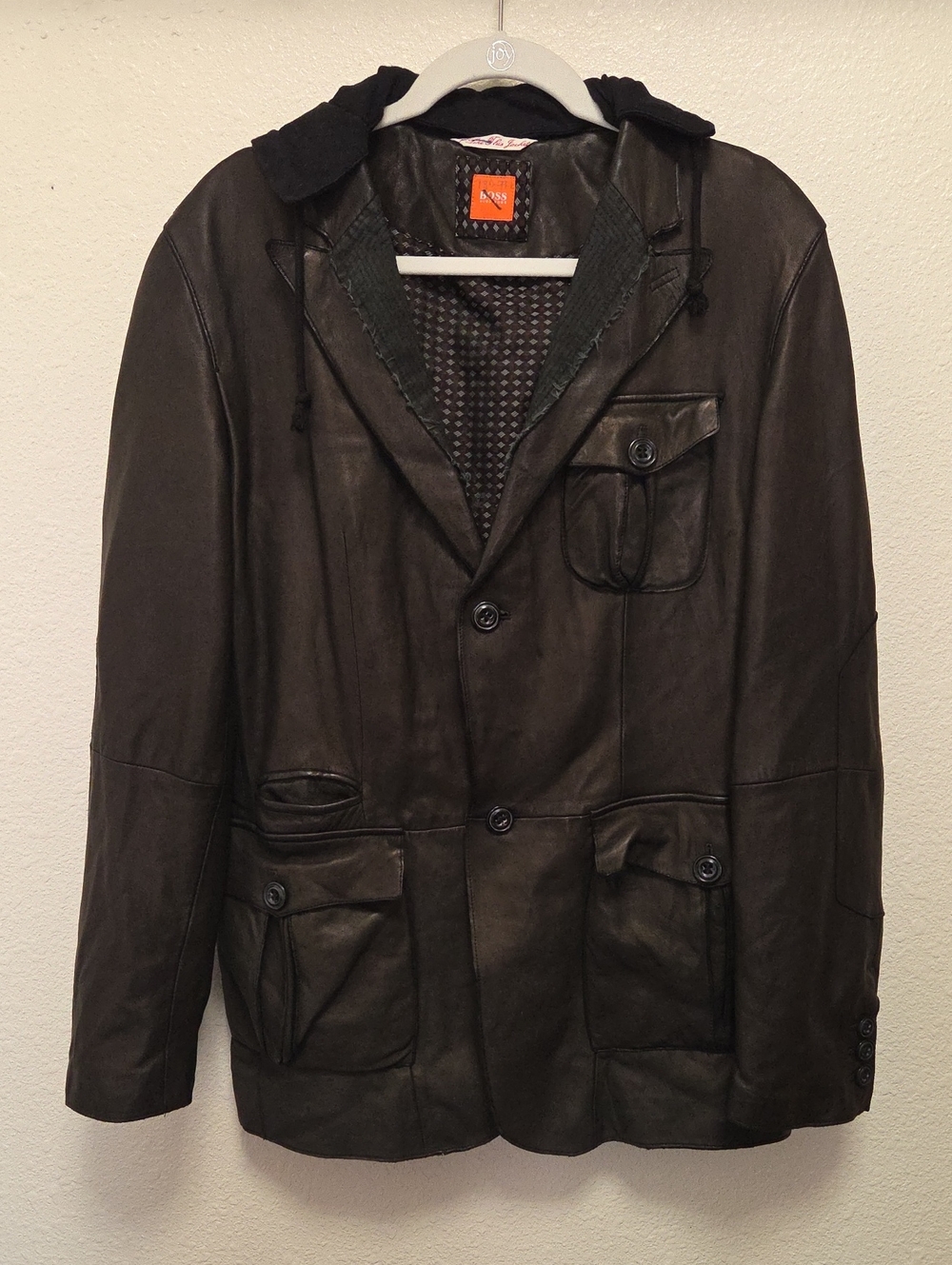 Hugo Boss Y2K Style Handcrafted Black Leather Jacket With Removable Hood.